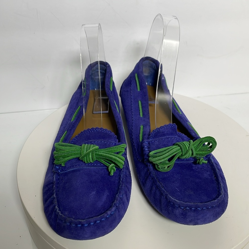 UGG Purple Suede Moccasins with Green Laces - Picture 2 of 9